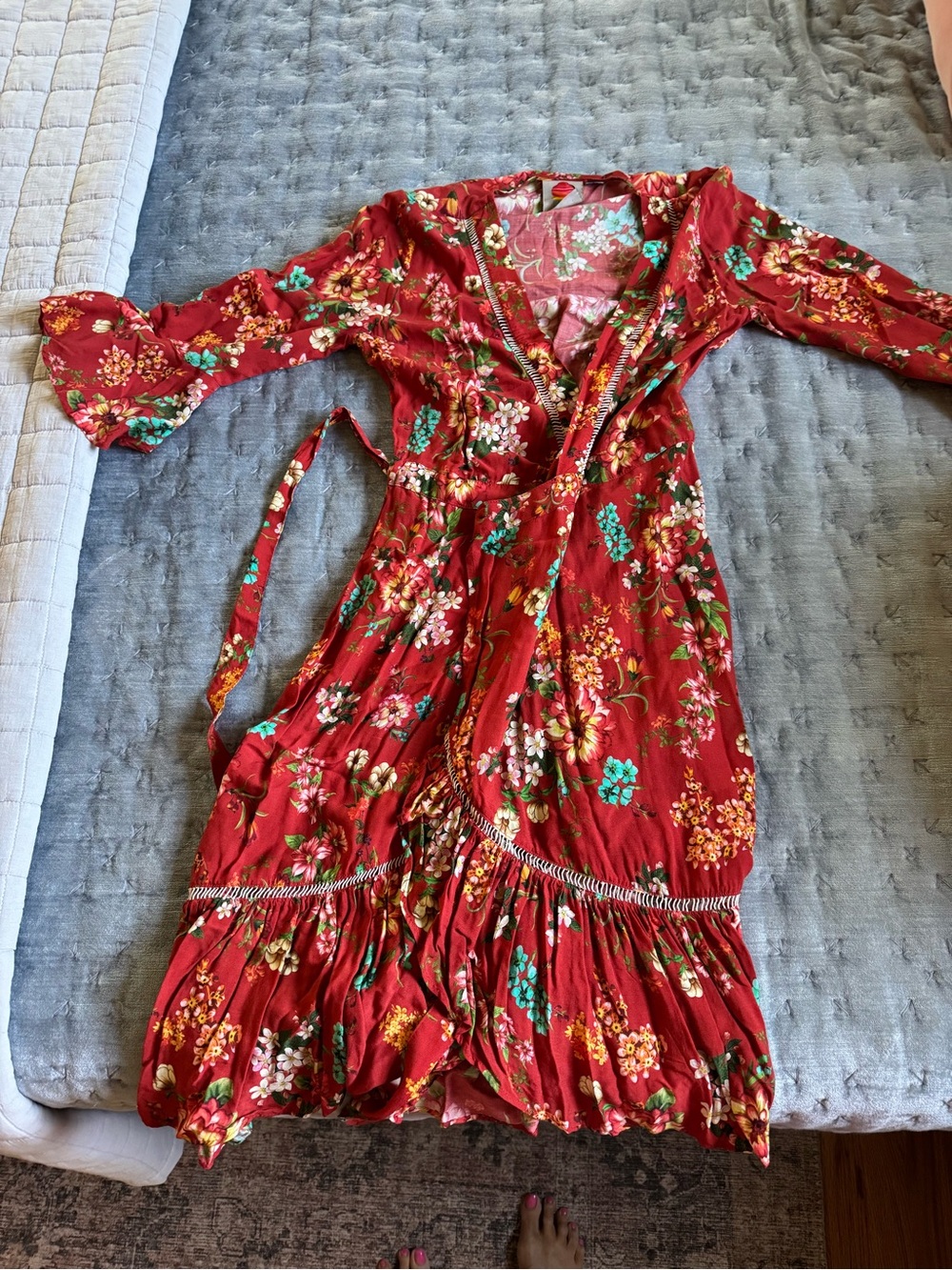 FARM Rio Red Floral Wrap Midi Dress